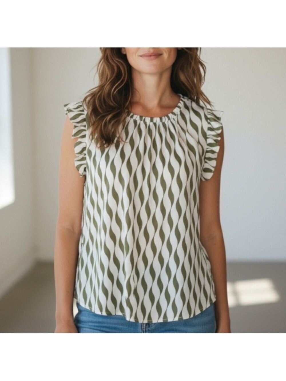Olive White Wave Pattern Blouse Large